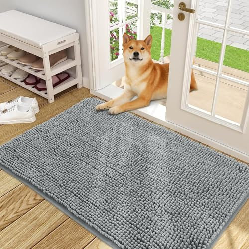 smiry Muddy Mat, Super Absorbent Chenille Dog Door Mat, Washable Non Slip Door Matts Indoor, Soft Microfiber Pet Rug and Bath Mat for Entrance Kitchen Muddy Shoes & Paws - Grey, 75 x 120 cm