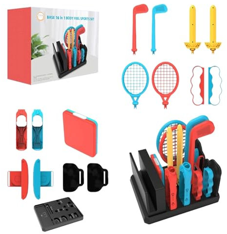 Switch Sports Zubehör Set 16 in 1 für Nintendo Switch/OLED, Aufbewahrung für Switch Sport spiel Zubehör, Familie Switch Spiele Zubehör Bundle für Nintendo Switch & OLED