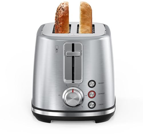 LONGDEEM 2-Schlitz-Toaster mit extra breiten 1,5-Zoll-Schlitzen & abnehmbarer Krümelbehälter - 6 Röststufen, automatische Abschaltung, Auftaufunktion & geeignet für Obstbrot, in Silber