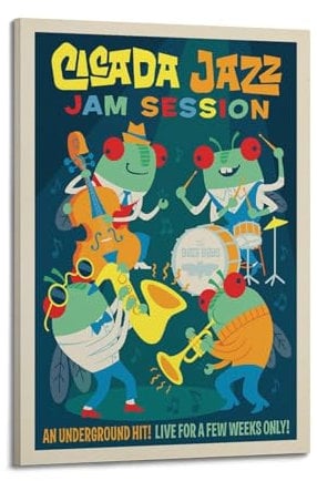 GLJXFP Vintage-Poster, Motiv: Zikaden-Invasion, Zikada, Jazz, Marmelade, Sitzung, Poster, dekoratives Gemälde, Leinwand, Wandposter und Kunstdruck, moderne Familienschlafzimmer-Dekoration, Poster, 60