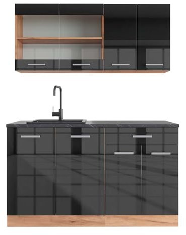 Vicco Singleküche R-Line, Anthrazit Hochglanz/Goldkraft Eiche, 140 cm, AP Anthrazit