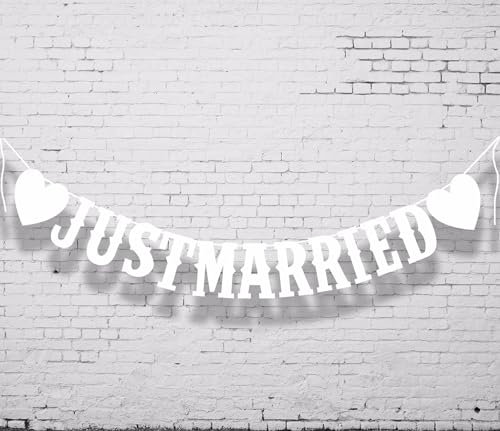 Just Married Girlande,Hochzeitsgirlande Just Married Banner Deko mit 5m Seil,Vintage Hochzeitsbanner für Hochzeit Fest Party Brautdusche,Frisch Verheiratet Wimpelkette,Einzelne Karte ca. 15x5cm(Weiß)