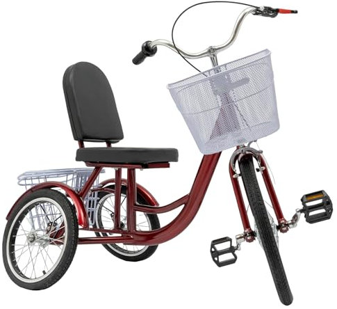 Dreirad für Erwachsene, 20 Zoll Dreirad für Ältere, 3-Rad-Fahrräder mit Körben für Senioren - Dreirad aus robustem Hartstahl - Geeignet als Gehhilfe (Rot)