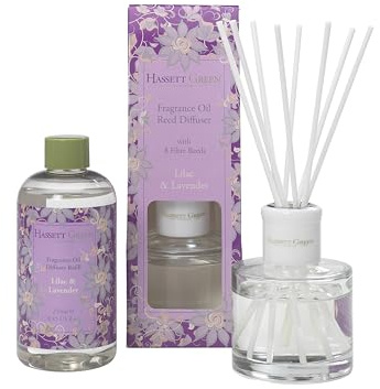 Hassett Green London - Lilac & Lavender Reed Diffuser & Refill Set - 100ml Glass Diffuser with 8 Fibre Reed Sticks + 250ml Fragrance Oil Refill