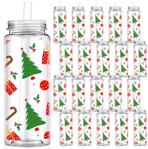 LOYIM 24 Pcs Christmas Reusable Cups Bulk 14 oz Plastic Mason Jar Drinking Holiday Cups with Lid and Straw Coffee Tea Hot Cocoa Beverage Xmas Tumbler for Adults Christmas Party (Christmas Tree)
