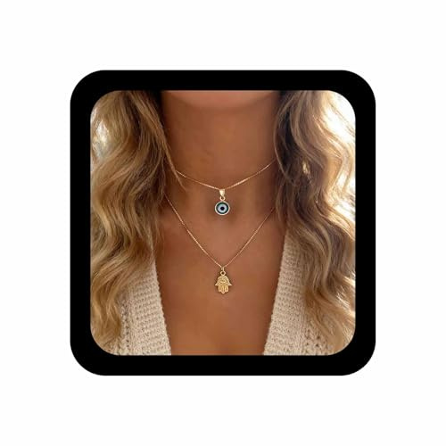 Inilbran Boho Layered Evil Eye Necklace Vintage Hamsa Pendant Necklace Gold Turkish Eye Choker Necklace Adjustable Hamsa Hand Chain Necklace Jewelry for Women