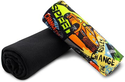 VmG-Store Jerseystoff Set farblich abgestimmt Design + Uni je 0,5mx1,5m 95% Baumwollstoff 5% Elasthan Tex Standard 100 (Car Racing + RIB Schwarz Set04)