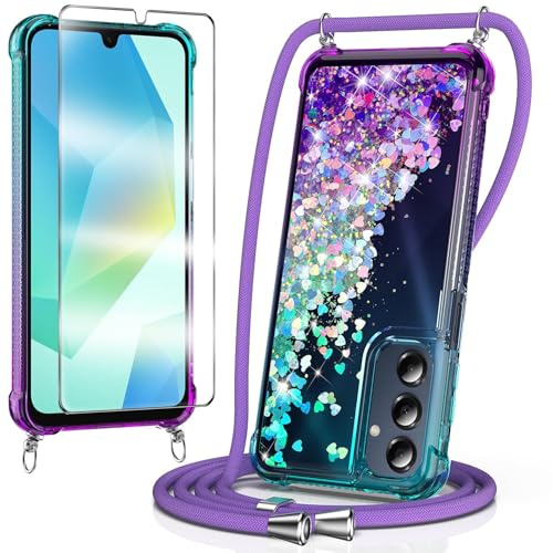 WQRTYJK Coque pour Samsung Galaxy A26 avec Cordon, Bleu/Violet | avec Verre Trempé Protection Écran，Réglable de Collier，Housse Liquide Transparente à Paillettes，Souple Glitter Étui Antichoc