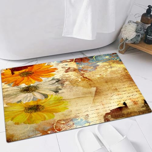 FSDGY Badvorleger Fußmatte Flauschig Teppich Badezimmerteppich Duschmatte für Bade & Wohnzimmer Schlafzimmer,Grunge Blumen und orange gelb Daisy Poesie Schriftzug Kunst g,60x90 cm