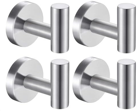 IUSOT 4 Pack Brushed Silver Towel Hooks – Heavy Duty 304 Stainless Steel, Screw-in Wall Mount for Bathroom, Hotel, Closet – Robe & Coat Hanger