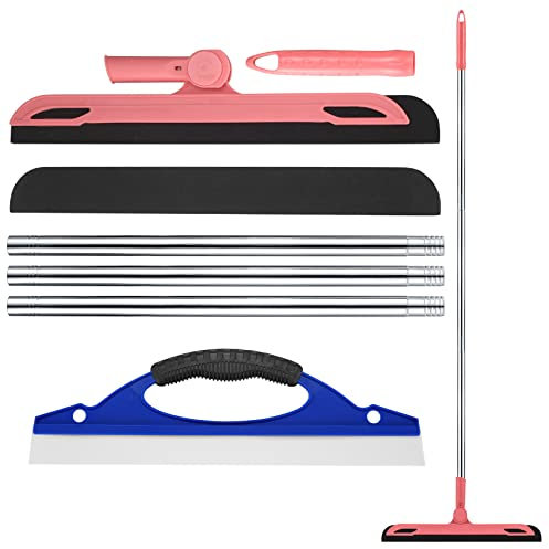 Floor Squeegee, Window Water Squeegee for Wet Room, Foam Shower Cleaner Squeegees, Long Handle Kitchen Bathroom Garage Floor Cleaning Wiper Scrubber Heavy Duty - Pink