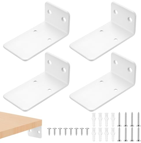 4 Piezas Soporte Estanteria Pared Flotante, 92mm Soportes para Estantes Baldas Invisibles, Soportes de Estante Flotante de L, Escuadras para Estanterias Madera, Blanco