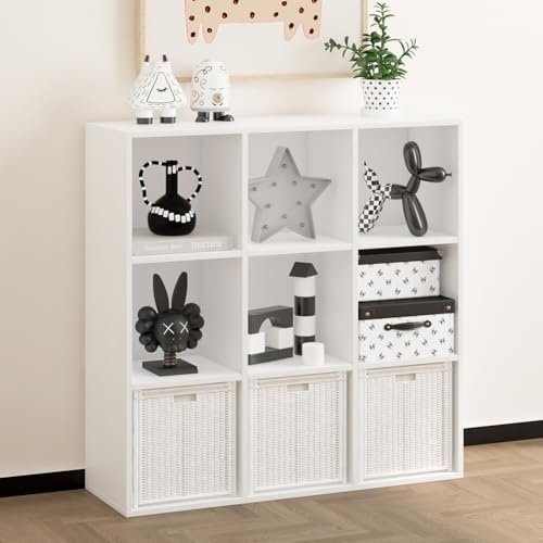 NewBeth Bücherschrank mit 9 Würfeln, Würfelregal Standregal | Holz Büroregal für Wohnzimmer, Schlafzimmer, Homeoffice, Kinderzimmer (Weiß, 9 Fächern（35T x 107,6B x 107,6H cm）)