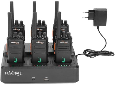 HESENATE HT66 Plus Anzeige Walkie Talkie mit 6-Wege-Ladegerät, PMR446 Funkgeräte Set, Lizenzfreies Funkgerät, Professionelles Walky Talky, 16 Kanäle Woki Toki VOX mit Kopfhörer (Schwarz, 6er Set)