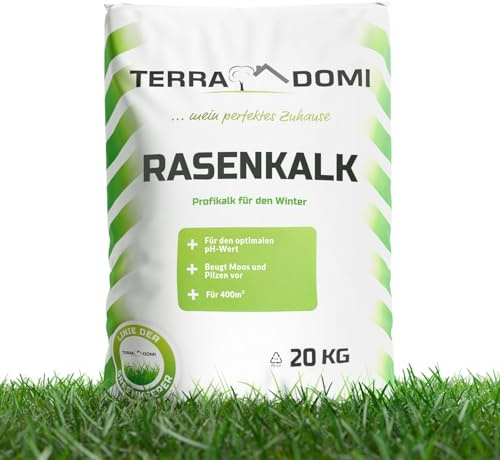 TerraDomi Rasenkalk & Gartenkalk 20kg | Beugt Moos & Pilzen vor | Zur Erhöhung des pH-Wertes saurer Böden | Für einen gesunden Rasen I Intensiviert die Düngung | Für 130m²