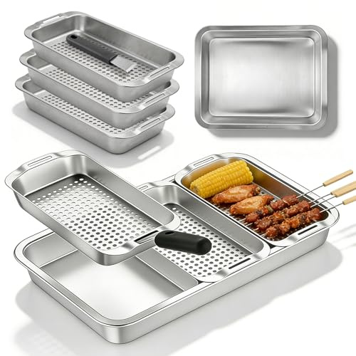 Halorin Grillkorb Set mit 3 Edelstahl-Körben, Serviertablett und Universalgriff, Perforierte Grillschale und Gemüsekorb als Vielseitiges BBQ Grill-Zubehör für Fisch, Grillschalen für Gasgrill