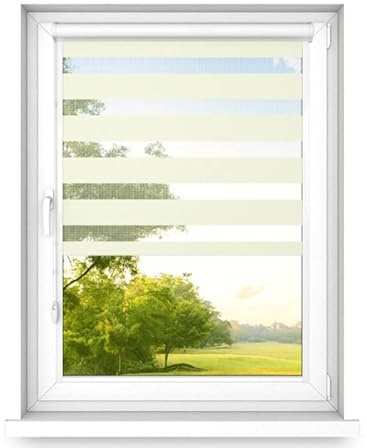 time4blinds - Doppelrollo ohne Bohren - Zebra Rollos für Fenster und Türen - zum Kleben, mit Aluminiumkassette, Lichtdurchlässiger Stoff, Kleberollos - Beige, 900x1700, Rechts
