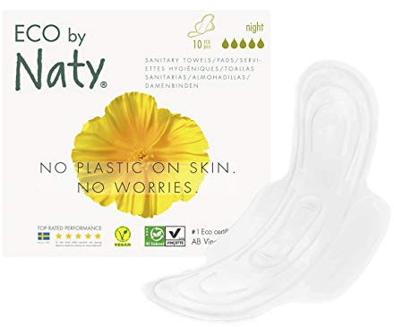 Eco by Naty Damenbinden - Nacht, 10 Binden. Sichere, saugfähige und pflanzliche Damenbinden. Vegan. 0% Plastik auf der Haut