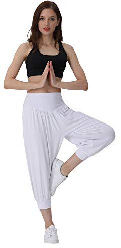 Hoerev Caprihose, Super Weiches Modal-Elastan, Pluderhose, für Yoga, Pilates,Weiß,S