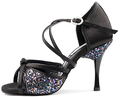 Portdance Damen Tanzschuhe PD801 Pro - Satin/Glitzer Schwarz - 7,5 cm Slim [EUR 40]