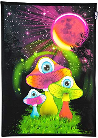 PSYWORK Schwarzlicht Stoffposter Neon | Redmoon Mushrooms | 0,5 x 0,7m | UV-aktiv | fluoreszierend | Wandbehang Stoffbanner Poster Wandbild Kunstdruck Dekobild Dekoration Wandteppich