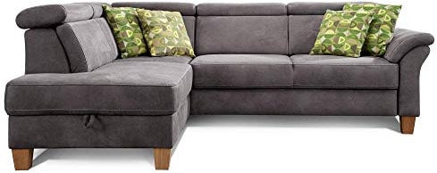Cavadore Ecksofa Ammerland mit Ottomane links / Federkern-Sofa im Landhausstil mit verstellbaren Kopfstützen / 245 x 84 x 194 / Lederoptik dunkelgrau