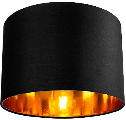 Contemporary and Chic Black Cotton 12 Table or Pendant Circular Drum Lamp Shade with Shiny Golden Inner - 60watt Maximum by Happy Homewares
