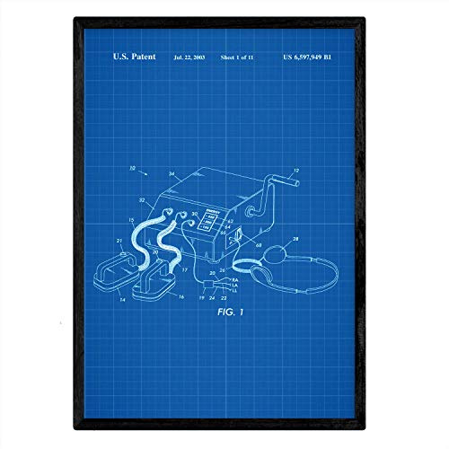 Nacnic Poster Patent Defibrillator. Blatt mit altem Design-Patent A3-Format mit blauem Hintergrund