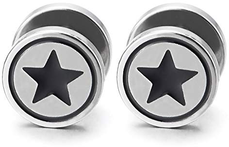2 Homme Femme 10MM Cercle Etoile Boucles d'oreilles avec Noir Email -Bouchon Jauge Fake Gauges Plugs - Acier