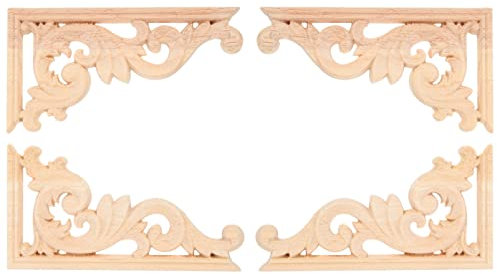 SUPVOX Tallado en Madera Eslabón de la Esquina Onlay Adornos de Madera sin Pintar Apliques Estilo Europeo Puerta Gabinete Decoración 4 Piezas (13 * 7cm)