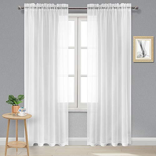 DWCN White Net Curtains for Windows 90 Drop, Rod Pocket Voile Curtain Bedroom Sheer Curtains Semi-Transparent Light Filtering Curtains for Living Room Bedroom Door, W46 x L90 Inch, Set of 2