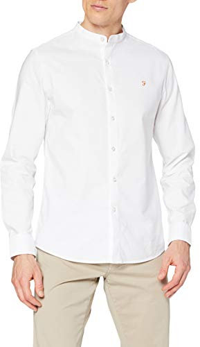 Farah - Men's Shirt, Brewer Grandad Shirt, Organic Cotton, Indigo Oxford Shirt, Casual-Style Shirt, White, L