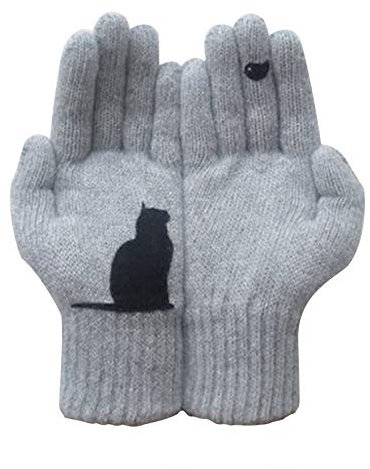 Lazzboy Handschuhe Damen Wollhandschuhe Herbst Und Winter Warme Katze Druckhandschuhe Touchscreen Winterhandschuhe Frauen Fäustlinge Damenhandschuhe Mehrweg (Grau)