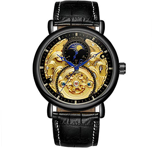 FORSINING Herren Analog Automatik Uhr Vintage AM/PM Sonne Mond Skeleton mit Kalbsleder aus Leder Armband, Schwarz