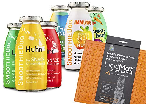 Lickimat Buddy L 30,5x25,5cm mit SmoothieDog Hundesmoothie 6er Probierset - 100% getreidefrei, für alle Hunde, 6 Sorten - Lamm, Rind, Huhn, Trinkpause, Immunio und Gemüsebeet, je 1x 250 ml