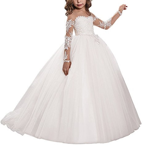 Aibaowedding Spitze Stickerei Schiere V-Rücken ärmellos Kinder Schleppende Kleider (DE/NL/SE/PL, Alter, 10 Jahre, 11 Jahre, Regular, Weiß)