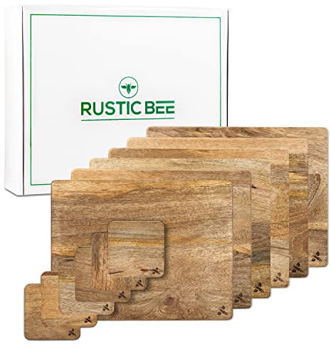Rustic Bee Premium Mango Wooden Placemats and Coaster sets 6 - Beautiful, Eco-Friendly, Nonslip, Water Resistant Table Mats and Coaster Set, Large 32.5cm x 25cm x 1cm