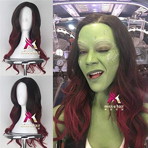 Film Guardians of the Galaxy 2 Gamora Cosplay Perücke Frauen Langes gewelltes Farbverlauf Schwarz Rot Haare Cosplay Halloween Perücke + Gratis Perücke