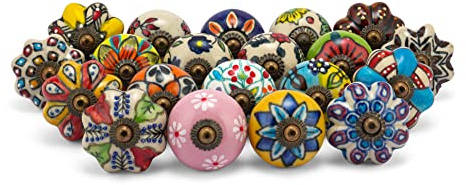 Rasiya Art Pack of 20 Assorted Dresser Knobs - Assorted Colourful Ceramic Drawer Pull Handle Kitchen Cabinet Cupboard Wardrobe Knob - Proudly Made in India - Multicolour