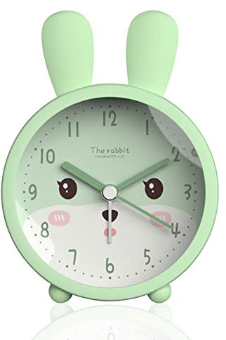 Niedlicher Tierwecker für Kinder, nicht tickende Kaninchen/Katze/Hirsch, Schreibtisch-Wecker mit Hintergrundbeleuchtung (Kaninchen, Grün)