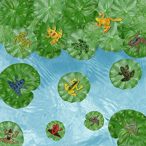 RMENOOR 12 Stk Seerosenblätter Künstlich 10/15/18 cm Schwimmende Lotusblätter Seerose Pads 24 Stk Kunststoff Frosch Realistisch Plastik Frosch für Fischteich Pool Aquarium Deko