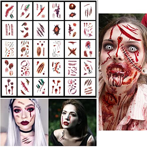 30 Fogli Halloween Tatuaggi temporanei, Tatuaggi per Cicatrici di Halloween, Halloween Zombie Scars Tatuaggi Adesivi, Adesivi del Tatuaggio di Halloween, Cosplay di Halloween Puntelli per Il Trucco
