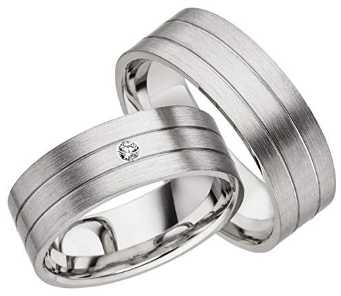 JC Trauringe 925er Sterling Silber Paar-Preis I Eheringe mit kostenfreier Gravur I Partnerringe 7mm breit inkl. Etui I Herren-Ring ohne & Damen-Ring mit Zirkonia-Stein I Größe 48 bis 72 I A02