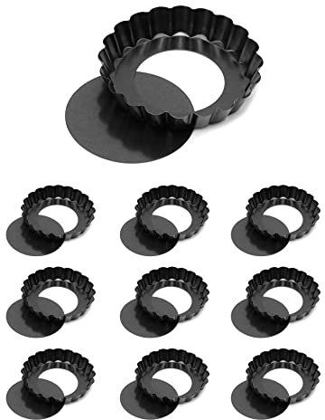 QWORK® 10 Stück Tarteform Ø10cm mit Hebeboden, Mini Tartelette Förmchen Quicheform aus Lebensmittelechter Kohlenstoffstahl mit Antihaftbeschichtung