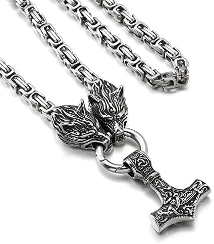 HSWYFCJY Thors Hammer Necklace Men Wolf King Chain Old Silver Black Mjölnir Hammer Viking Jewellery Length 28inch