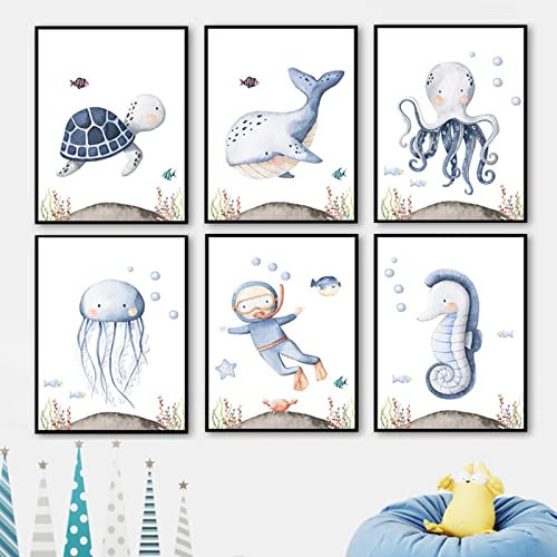 CAYBES 6 Stück Babyzimmer Wal Oktopus Quallen Schildkröte Seepferdchen Kinderzimmer Druck Nordische Poster Wandkunst Leinwand Malerei Wandbilder Baby Kinderzimmer Dekor-30x45cmx6 (Kein Rahmen)