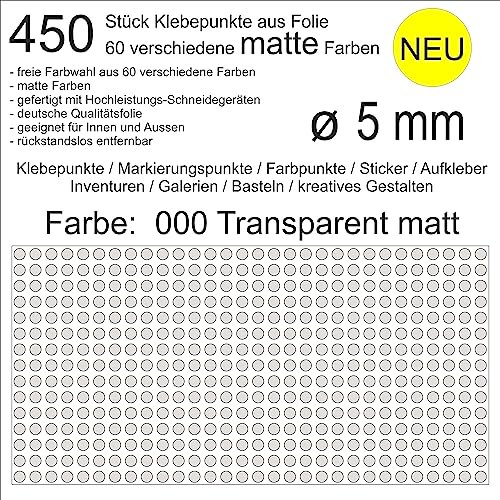 450 Stück Klebepunkte aus Folie (000 transparent matt) rund 5mm wetterfest Aufkleber Sticker Decal Inventur Museen Galerien Markierungen Organisieren DIY basteln verzieren Scrapbook