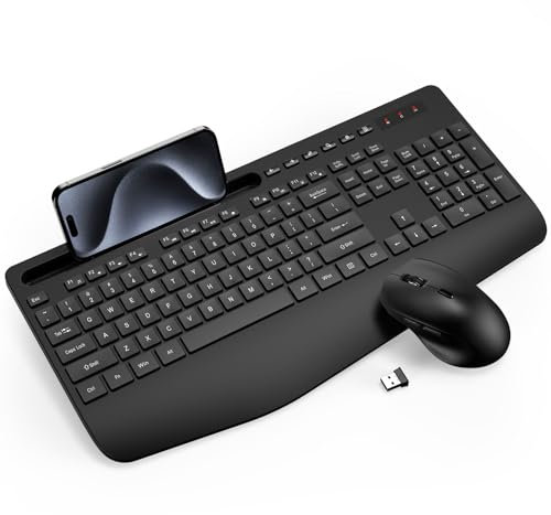 Combo de teclado y mouse inalámbricos, teclado ergonómico de tamaño completo con reposamuñecas, soporte para teléfono, modo de reposo, teclado inalámbrico silencioso de 2.4 GHz, combo para