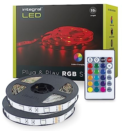 Integral LED 10m RGB Strip Light with UK Plug Adapter & IR Controller, Plug & Play, Colour Changing, Dimmable – Adjustable Colour & Brightness