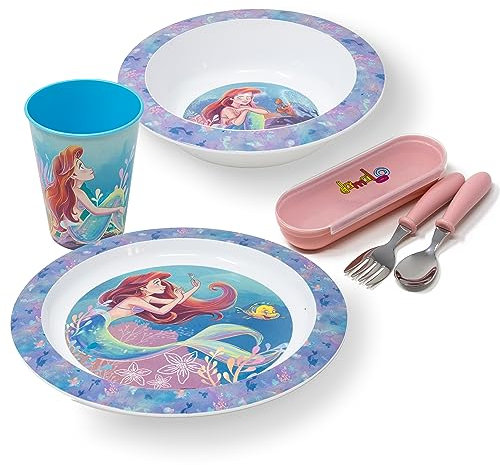 damaloo Coffret Repas pour Enfants La Petite Sirène - Bol, Tasse, Couverts, Assiette enfants, Service de Vaisselle Enfants pour Petit Déjeuner, Déjeuner et Dîner, Réutilisable et Sans BPA